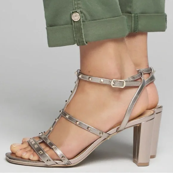 WHBM Cindy Metallic Leather Strappy Studded Block Heel Sandals - Picture 1 of 9